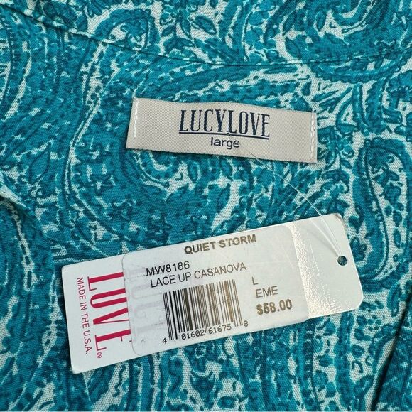 Women's Lucy Love Lace Up Casanova Blouse Tunic Teal Paisley L NWT - Picture 9 of 15